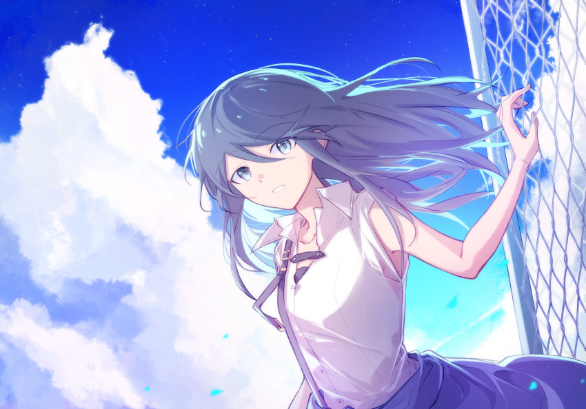 1girl bangs bare_arms black_hair blue_eyes blue_sky blue_theme buttons chain-link_fence cloud cloudy_sky collarbone collared_shirt cumulonimbus_cloud day dot_nose dutch_angle eyes_visible_through_hair fence floating_hair hand_rest hand_up hibioes high_collar highres hoshino_ichika_(project_sekai) light_smile long_hair looking_at_viewer outdoors parted_lips project_sekai shiny shiny_hair shirt sky sleeveless sleeveless_shirt solo star_(sky) starry_sky suspenders swept_bangs tsurime upper_body white_shirt wind wind_lift