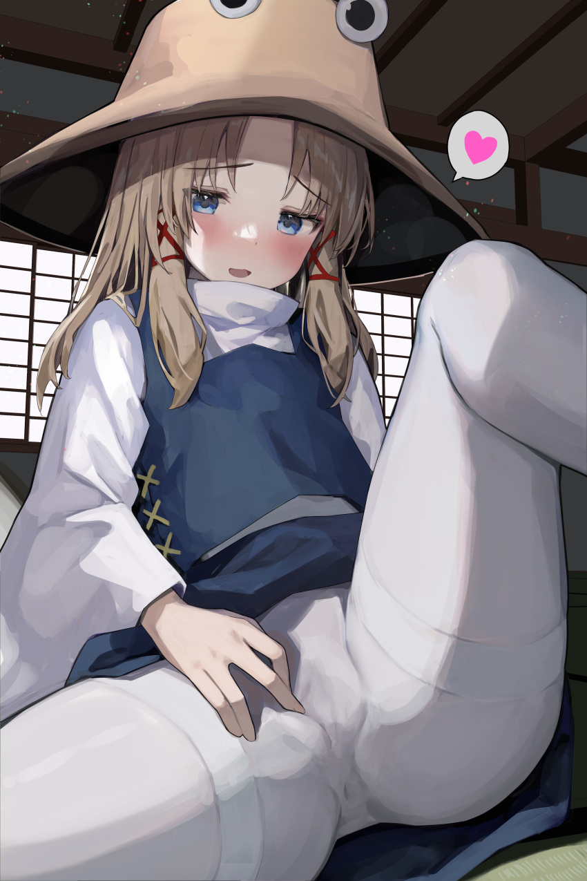 1girl absurdres ass blonde_hair blue_eyes blush hair_ribbon hat heart highres indoors light_smile looking_at_viewer mamemochi medium_hair moriya_suwako open_mouth pantyhose ribbon sitting solo spoken_heart spread_legs spread_pussy_under_clothes tatami tights_day touhou white_pantyhose window