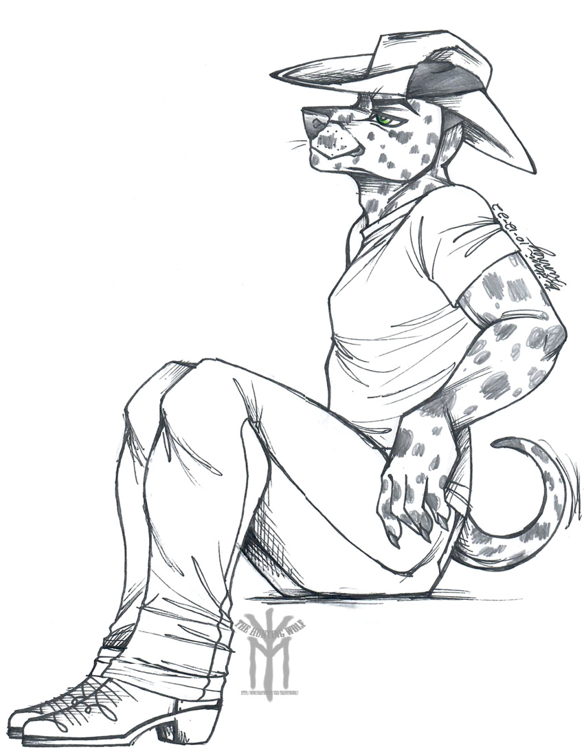 anthro boots calm canid canine canis chill clothing cowboy dalmatian domestic_dog footwear hat headgear headwear hi_res male mammal mellow solo thehuntingwolf western