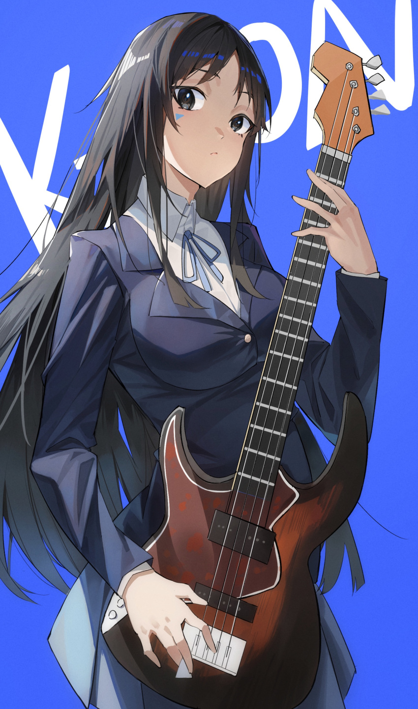 1girl absurdres akiyama_mio bangs bass_guitar black_eyes black_hair blazer blue_background blue_ribbon buttons collared_shirt commentary copyright_name grey_skirt highres holding holding_instrument instrument jacket k-on! long_hair long_sleeves looking_at_viewer neck_ribbon pleated_skirt ribbon sakuragaoka_high_school_uniform school_uniform shirt sidelocks simple_background skirt solo soranoki white_shirt