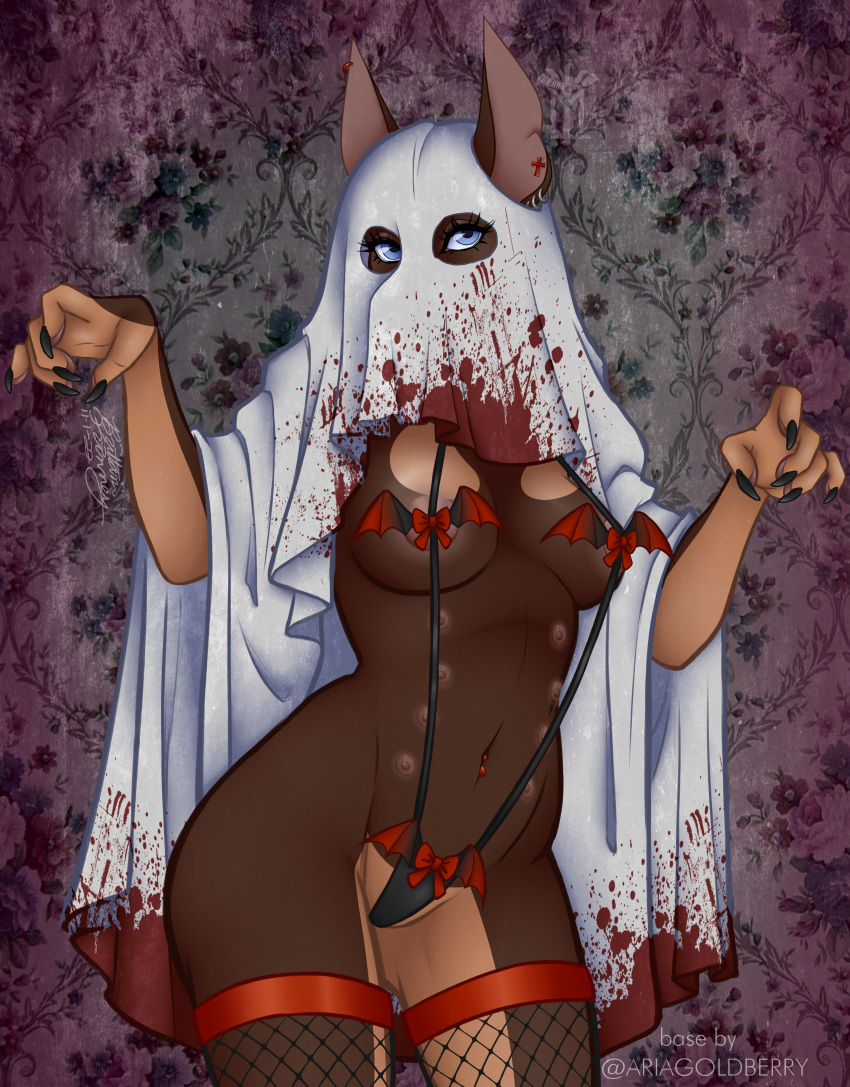 absurd_res anthro ariagoldberry bikini blood bodily_fluids breasts canid canine canis chiropteran clothing creepy dobermann dobie domestic_dog female gore halloween hi_res holidays mammal pinscher solo swimwear thehuntingwolf vamp vampire ych