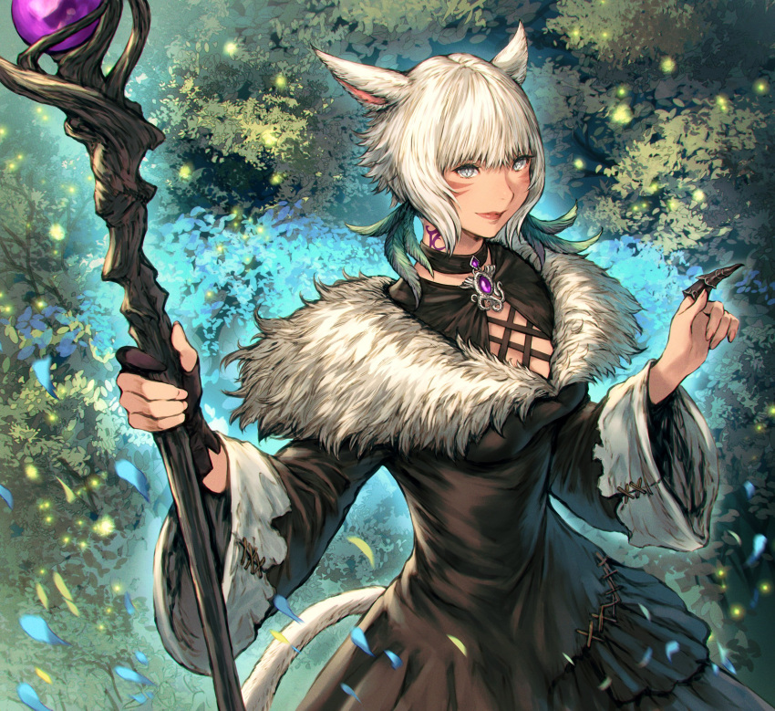 1girl animal_ears bangs black_choker black_dress black_gloves brooch cat_ears cat_girl cat_tail choker claw_ring cleavage_cutout clothing_cutout commentary diamond-shaped_pupils diamond_(shape) dress falling_petals feather_hair_ornament feathers final_fantasy final_fantasy_xiv from_side fur-trimmed_dress fur_trim gem gloves grey_eyes grey_hair hair_ornament hatching_(texture) highres holding holding_staff index_finger_raised jewelry leaf looking_at_viewer makimura_shunsuke miqo'te motion_blur neck_tattoo outdoors partially_fingerless_gloves petals purple_gemstone short_hair single_glove smile solo staff standing symbol-shaped_pupils tail tattoo upper_body wide_sleeves y'shtola_rhul