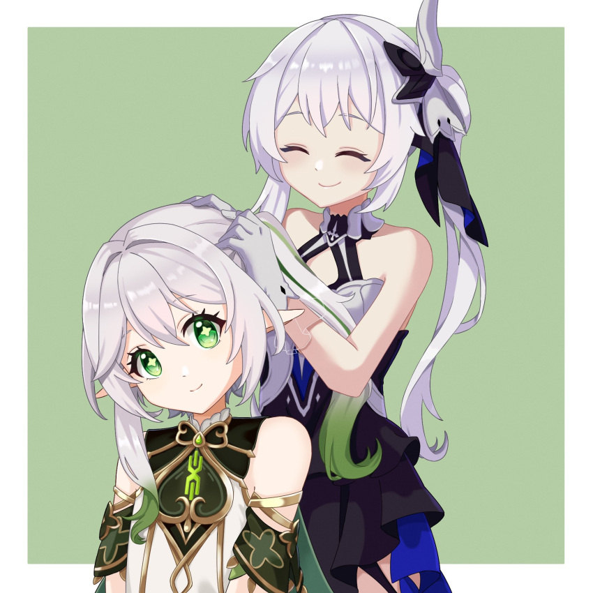 2girls ^_^ bangs bare_shoulders black_dress closed_eyes closed_mouth commentary_request company_connection cross-shaped_pupils crossover dress genshin_impact gloves gradient_hair green_background green_eyes green_hair grey_gloves grey_hair head_tilt highres honkai_(series) honkai_impact_3rd mihoyo multicolored_hair multiple_girls nahida_(genshin_impact) ryuusan_(leuthan698) see-through side_ponytail sleeveless sleeveless_dress smile streaked_hair tamura_yukari theresa_apocalypse theresa_apocalypse_(twilight_paladin) two-tone_background voice_actor_connection white_background white_dress