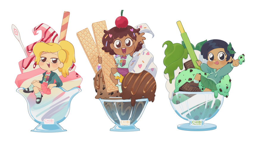 3girls absurdres amphibia anne_boonchuy black_eyes black_footwear black_hair blonde_hair blush brown_footwear brown_hair cherry chibicmps dark-skinned_female dark_skin food fruit green_skirt highres ice_cream leaf leaf_on_head long_hair marcy_wu medium_hair mint_chocolate_chip mole mole_under_eye multiple_girls oversized_food pink_skirt ponytail purple_skirt sasha_waybright school_uniform shoes short_hair simple_background single_shoe skirt socks sprinkles tongue tongue_out white_background white_socks yellow_footwear