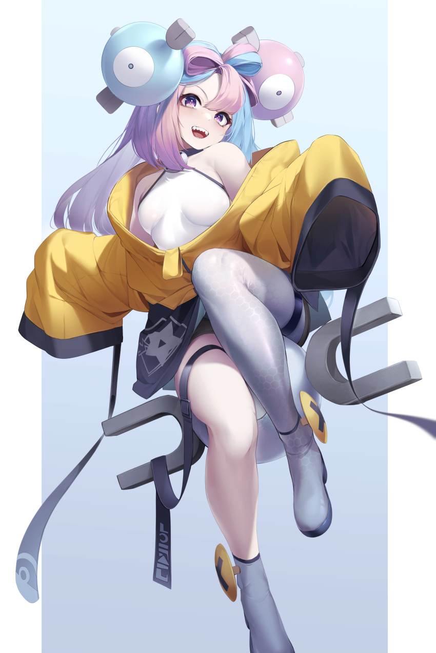 1girl :d absurdres bangs blue_hair blush boots bow-shaped_hair breasts breasts_apart grey_footwear grey_pantyhose highres iono_(pokemon) jacket ka941 long_sleeves medium_breasts multicolored_hair off_shoulder pantyhose pink_hair pokemon pokemon_(game) pokemon_sv single_leg_pantyhose sitting sleeves_past_fingers sleeves_past_wrists smile solo two-tone_hair wide_sleeves yellow_jacket
