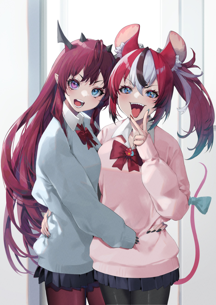 2girls :d absurdres animal_ear_fluff animal_ears bangs black_hair black_nails black_pantyhose blue_eyes blue_nails blue_skirt blue_sweater bow bowtie collared_shirt dice_hair_ornament hair_between_eyes hair_ornament hakos_baelz heterochromia highres hololive hololive_english irys_(hololive) long_hair long_sleeves mikan_(chipstar182) miniskirt mouse_ears mouse_tail multicolored_hair multicolored_nails multiple_girls pantyhose pink_sweater pleated_skirt purple_eyes red_bow red_bowtie red_hair red_nails red_pantyhose shirt skirt sleeves_past_wrists smile streaked_hair sweater tail tail_bow tail_ornament tongue tongue_out twintails v-shaped_eyebrows very_long_hair virtual_youtuber white_hair