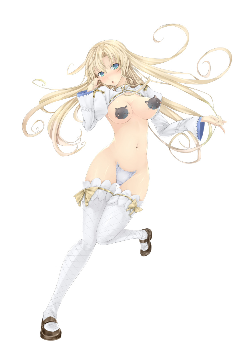 1girl :o absurdres animal_on_head arch_bishop_(ragnarok_online) bangs black_footwear blonde_hair blue_eyes blush breasts censored commentary_request cropped_jacket cross fishnet_thighhighs fishnets frilled_thighhighs frills full_body groin hair_between_eyes highres jacket juliet_sleeves large_breasts long_hair long_sleeves looking_at_viewer navel novelty_censor object_on_head on_head open_mouth puffy_sleeves ragnarok_online shoes simple_background solo standing standing_on_one_leg strapless_bottom thighhighs underwear vicsen-u5 white_background white_jacket white_thighhighs
