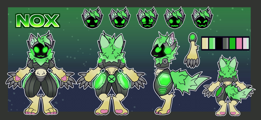 absurd_res claws fur green_body green_eyes green_fur green_light green_tail hi_res humanoid machine male mint_fur model_sheet nox_(noxproto) pawpads pink_ears pink_toes protogen sandyarty21_(artist) solo tan_body tan_fur