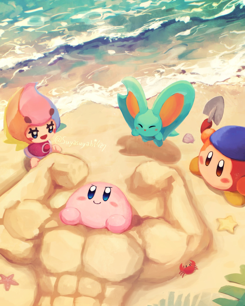 ^_^ arm_up artist_name bandana bandana_waddle_dee beach blue_bandana blue_eyes blush blush_stickers brown_eyes closed_eyes closed_mouth crab day elfilin elline_(kirby) eyelashes fairy highres holding kirby kirby_(series) looking_at_another multicolored_hair no_humans open_mouth outdoors sand sand_sculpture seashell shell shore smile starfish suyasuyabi trowel twitter_username v-shaped_eyes yellow_footwear