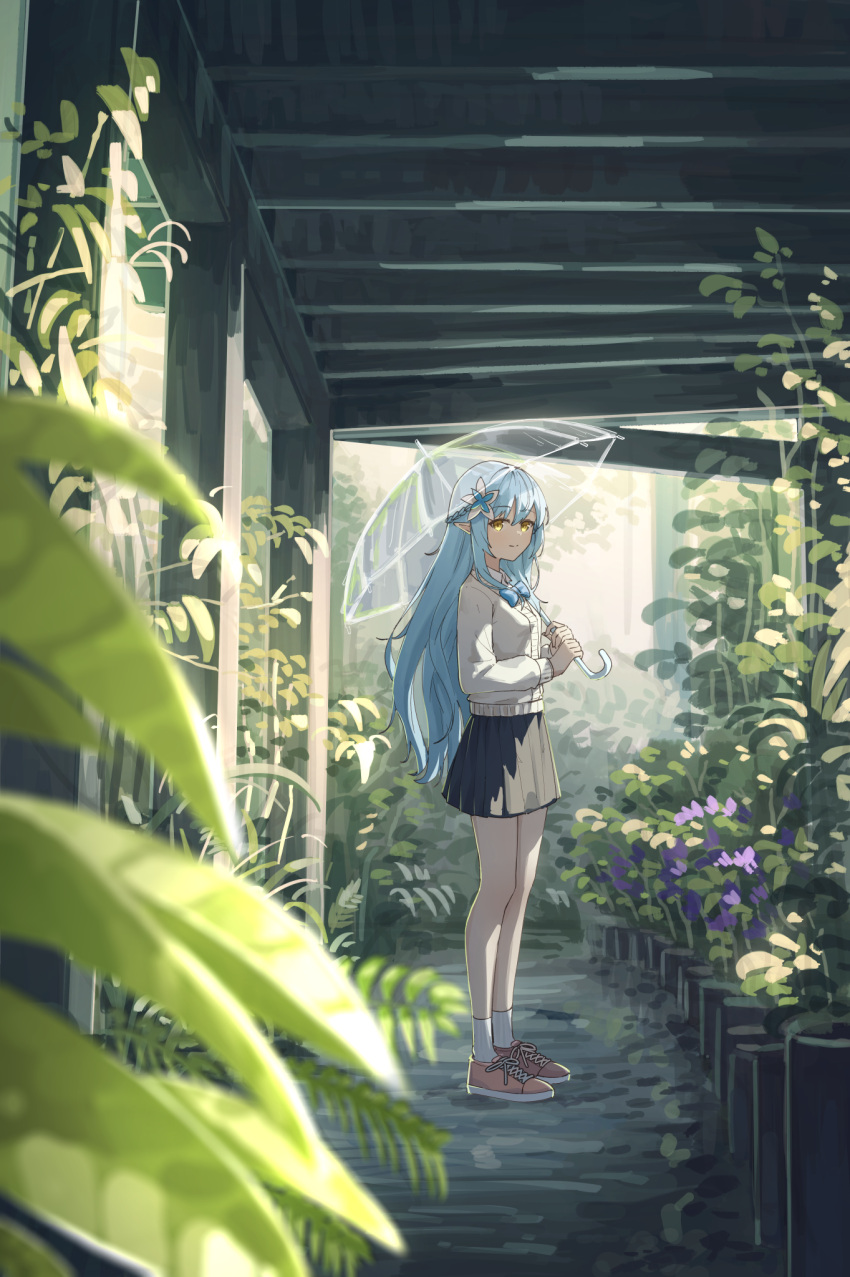 1girl bangs bare_legs black_skirt blue_bow blue_bowtie blue_hair bow bowtie cardigan elf flower full_body greenhouse hair_flower hair_ornament highres holding holding_umbrella hololive indoors jl_tan long_hair long_sleeves looking_to_the_side miniskirt plant pointy_ears potted_plant revision shoes skirt socks solo standing umbrella very_long_hair virtual_youtuber white_cardigan white_socks yellow_eyes yukihana_lamy