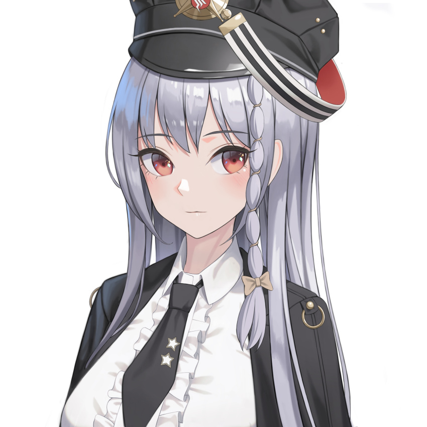 1girl :d absurdres bad_source bangs black_headwear black_jacket black_necktie black_wings blue_archive blush bow braid breasts collared_shirt demon_wings diamond_(shape) frilled_shirt frills hair_bow halo hand_on_own_cheek hand_on_own_face haruna_(blue_archive) hat highres jacket jacket_on_shoulders long_hair long_sleeves looking_at_viewer merrick military_hat necktie open_clothes open_jacket red_eyes shirt short_necktie simple_background single_braid single_wing smile solo upper_body white_background white_shirt wings yellow_bow