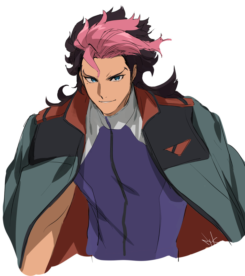 1boy asticassia_school_uniform blue_eyes brown_hair dark-skinned_male dark_skin grin guel_jeturk gundam gundam_suisei_no_majo highres jacket jacket_on_shoulders looking_at_viewer male_focus medium_hair mole mole_under_eye multicolored_hair nitaka_(fujikichi) pink_hair school_uniform simple_background smile solo two-tone_hair upper_body white_background