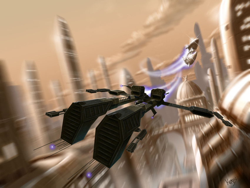 aircraft artist_name building city cloud cloudy_sky commentary day eve_online flying frigate_(eve_online) glowing highres krats military military_vehicle motion_blur no_humans outdoors photoshop_(medium) rifter_(eve_online) science_fiction sky skyscraper spacecraft