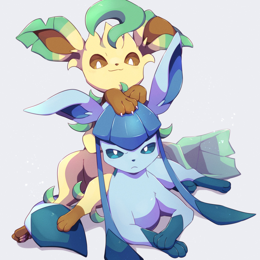 :3 animal_focus blue_eyes bright_pupils brown_eyes claws closed_mouth commentary_request frown full_body glaceon highres ktyon3 leafeon looking_at_viewer no_humans pokemon pokemon_(creature) sitting smile white_pupils