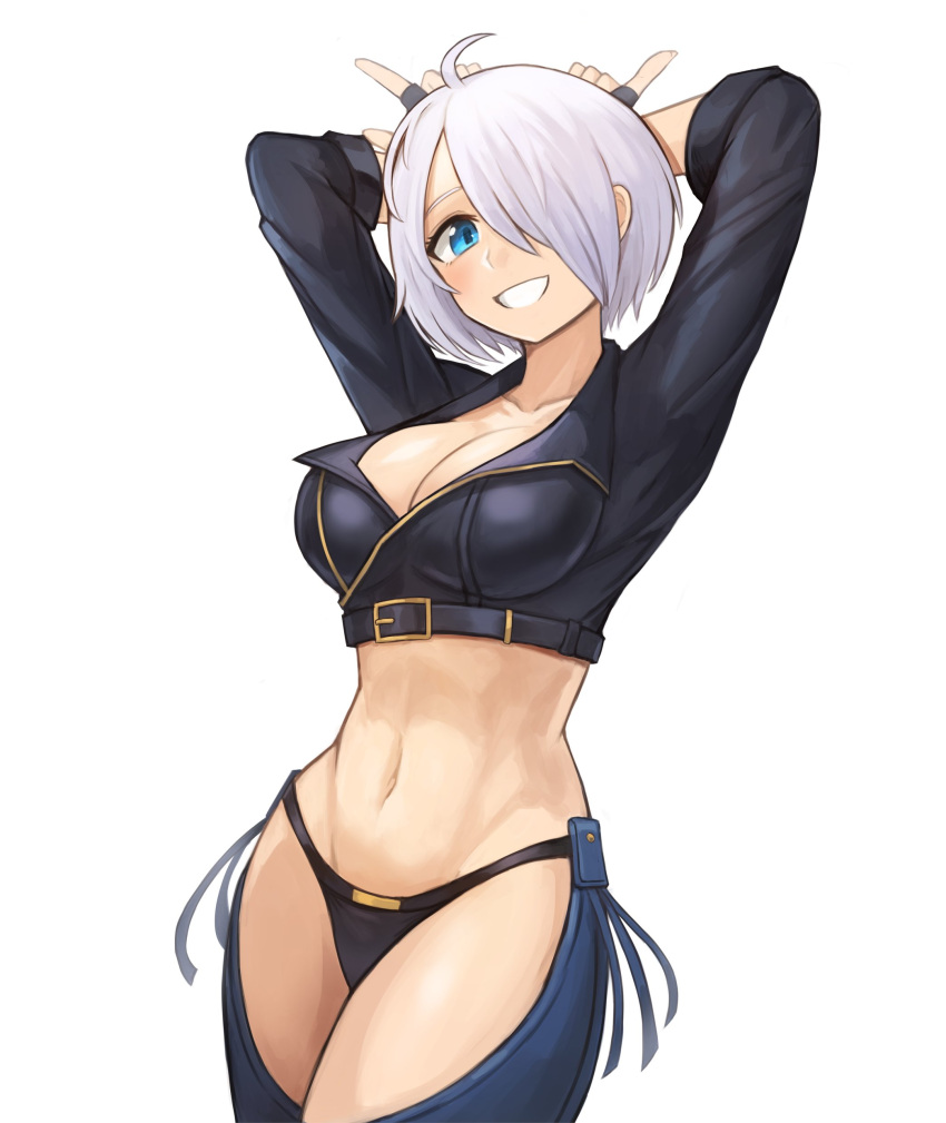 1girl absurdres angel_(kof) arms_behind_head arms_up bangs bra breasts chaps cleavage cropped_jacket finger_horns fingerless_gloves gloves hair_over_one_eye highres horns_pose index_fingers_raised jacket large_breasts leather leather_jacket looking_at_viewer navel open_mouth simple_background smile snk solo sookmo strapless strapless_bra teeth the_king_of_fighters the_king_of_fighters_xiv toned underwear white_hair