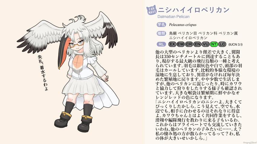 animal_humanoid avian avian_humanoid beak big_breasts bird bird_humanoid boots bottomwear breasts cardigan clothed clothing english_text eyewear fan_character feathers female footwear glasses grey_eyes hair head_wings hi_res humanoid japanese_text kemono_friends knee_highs legwear long_hair long_sleeves mo23 pelecaniform pelecaniform_humanoid pelican_humanoid scarf scientific_name skirt socks solo text translation_request white_body white_feathers white_hair white_wings wings