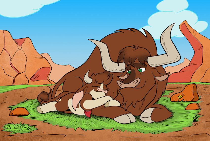 2015 2_horns arizona_cow_(tfh) bandanna big_horn bovid bovine brown_body brown_fur brown_hair cattle clothing cloven_hooves cuddling daughter daww digital_drawing_(artwork) digital_media_(artwork) duo duragan ears_down eyebrows eyelashes eyes_closed father father_and_child father_and_daughter female feral floppy_ears fur grass green_eyes grey_hooves hair hereford_cattle hi_res hooves horn hugging_leg kerchief larger_male long_ears looking_at_another looking_down looking_down_at_another lying male mammal multicolored_body multicolored_fur neckerchief on_front on_ground outside parent parent_and_child pink_nose pivoted_ears plant prairie quadruped rock size_difference smaller_female smile solo tan_body tan_fur tan_hooves texas_(tfh) them's_fightin'_herds thick_eyebrows two_tone_body two_tone_face two_tone_fur