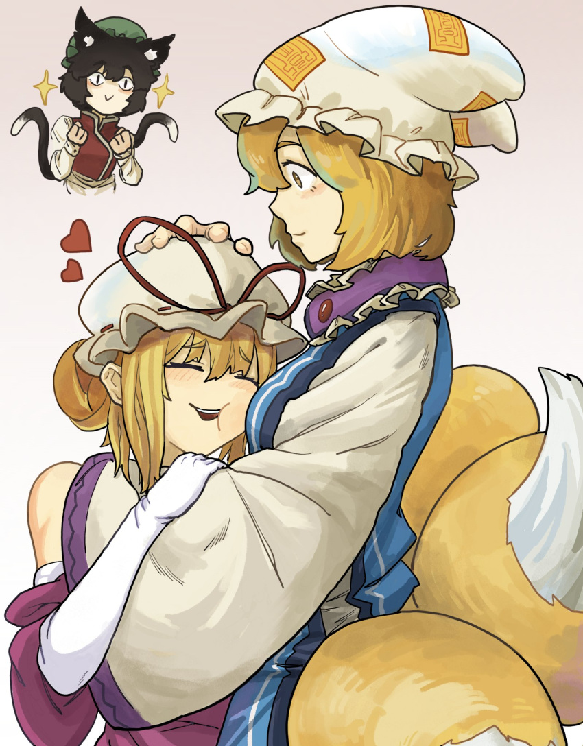 3girls :&gt; animal_ears black_hair blonde_hair cat_ears cat_girl cat_tail chen closed_eyes closed_mouth elbow_gloves english_commentary fox_girl fox_tail gloves hat headpat heart highres long_hair long_sleeves looking_at_another mob_cap multiple_girls multiple_tails nekomata onionmay pillow_hat short_hair simple_background smile star_(symbol) tail touhou two_tails upper_body white_background wide_sleeves yakumo_ran yakumo_yukari yellow_eyes