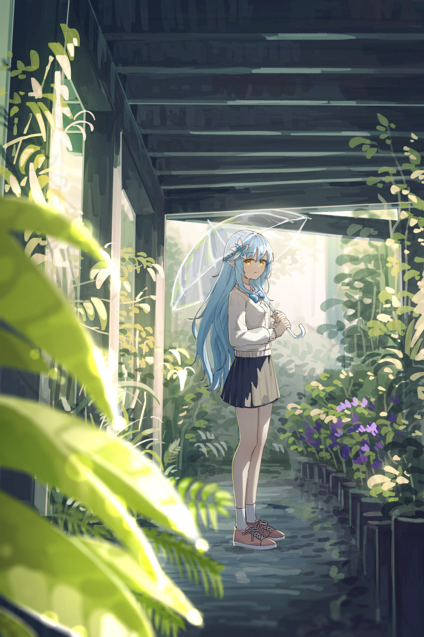 1girl absurdres bangs bare_legs black_skirt blue_bow blue_bowtie blue_hair bow bowtie cardigan elf flower full_body greenhouse hair_flower hair_ornament highres holding holding_umbrella hololive indoors jl_tan long_hair long_sleeves looking_to_the_side miniskirt plant pointy_ears potted_plant shoes skirt socks solo standing umbrella very_long_hair virtual_youtuber white_cardigan white_socks yellow_eyes yukihana_lamy