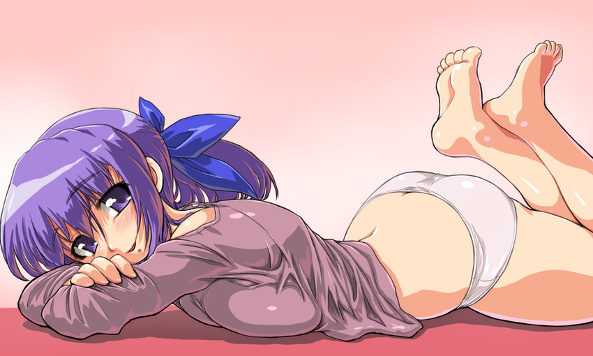 ass barefoot blush breast_press breasts butt_crack dd_(ijigendd) feet large_breasts lying nt-tan on_stomach os-tan panties ponytail purple_eyes purple_hair short_hair smile solo underwear white_panties