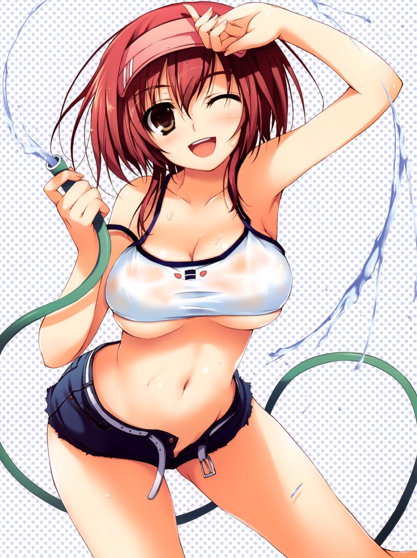 absurdres belt breasts highres hose large_breasts navel one_eye_closed open_fly open_mouth original red_hair shirt short_hair_with_long_locks solo taut_clothes taut_shirt tomose_shunsaku unbuttoned underboob unzipped visor_cap wet