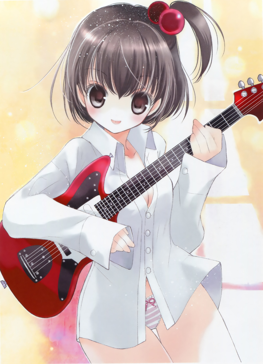 :p absurdres artist_request blush breasts brown_eyes brown_hair cleavage guitar hair_bobbles hair_ornament highres instrument long_sleeves open_clothes open_shirt original panties ponytail shirt short_hair side_ponytail small_breasts smile solo striped striped_panties tongue tongue_out underwear white_shirt