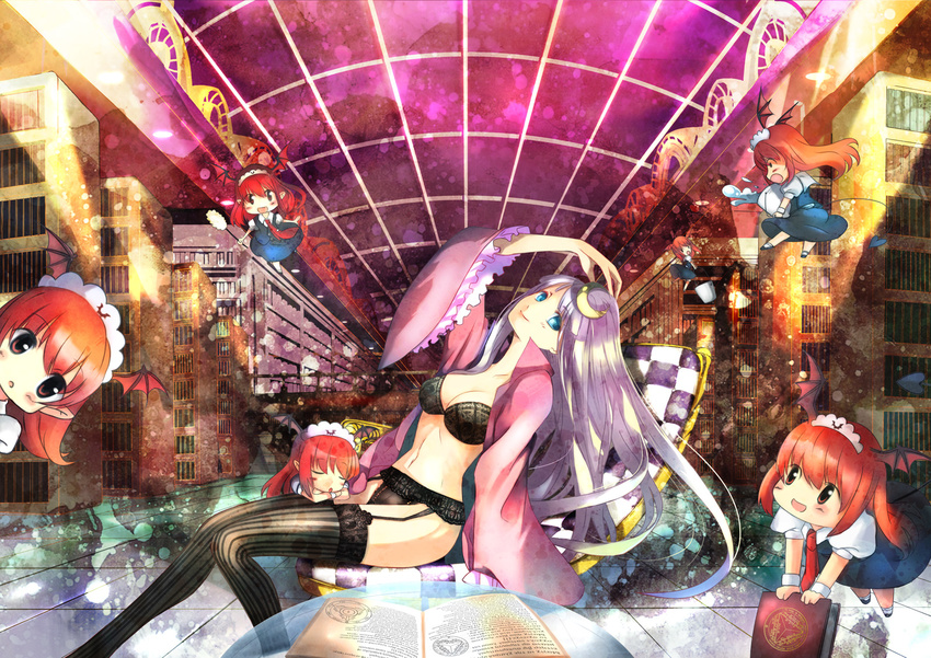 :d aqua_eyes bad_id bad_pixiv_id bat_wings blush book bookshelf bra bucket chair checkered chibi clone closed_eyes crescent duster flying fuyouchu garter_belt head_wings highres koakuma lap_pillow library lingerie long_hair magic_circle maid_headdress minigirl multiple_girls necktie no_hat no_headwear open_mouth panties patchouli_knowledge pointy_ears purple_hair red_eyes red_hair sleeping smile spill thighhighs touhou underwear voile water wings