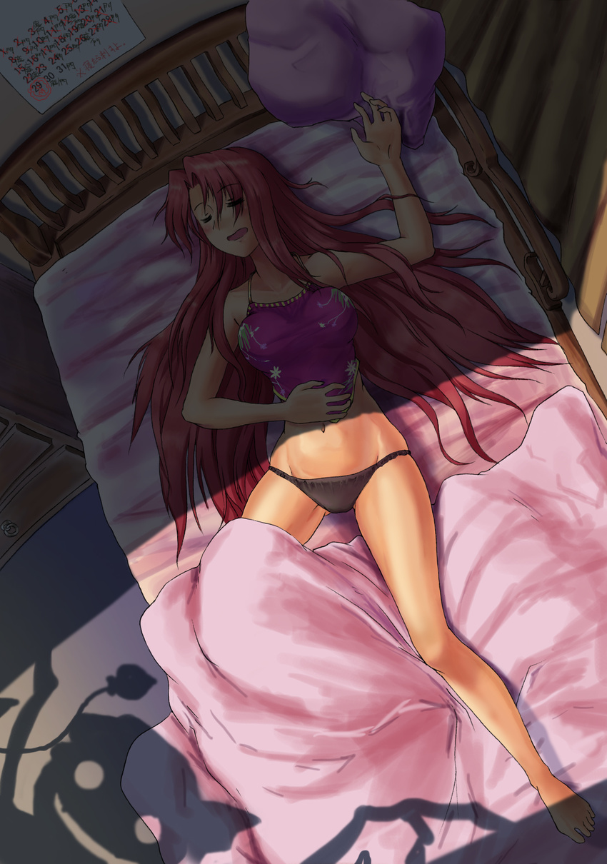 barefoot bed black_panties blush calendar_(object) dudou flandre_scarlet groin highres hong_meiling horror_(theme) laevatein legs long_hair lying moss_(sphere211) navel ominous_shadow on_back panties red_hair room shadow silhouette sleeping smile solo spread_legs touhou translated underwear yobai you_gonna_get_raped