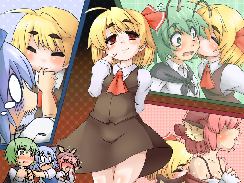 ascot biting blonde_hair blush body_blush bondo bra breath cirno commentary_request eyebrows finger_biting green_eyes green_hair hair_over_eyes hat heavy_breathing kiss lingerie looking_at_viewer mob_cap multiple_girls mystia_lorelei o_o open_mouth paneled_background pink_hair red_eyes rumia sexual_harassment short_hair smile surprise_kiss surprised team_9 tears thick_eyebrows tongue touhou trembling underwear undressing wings wriggle_nightbug you_gonna_get_raped yuri