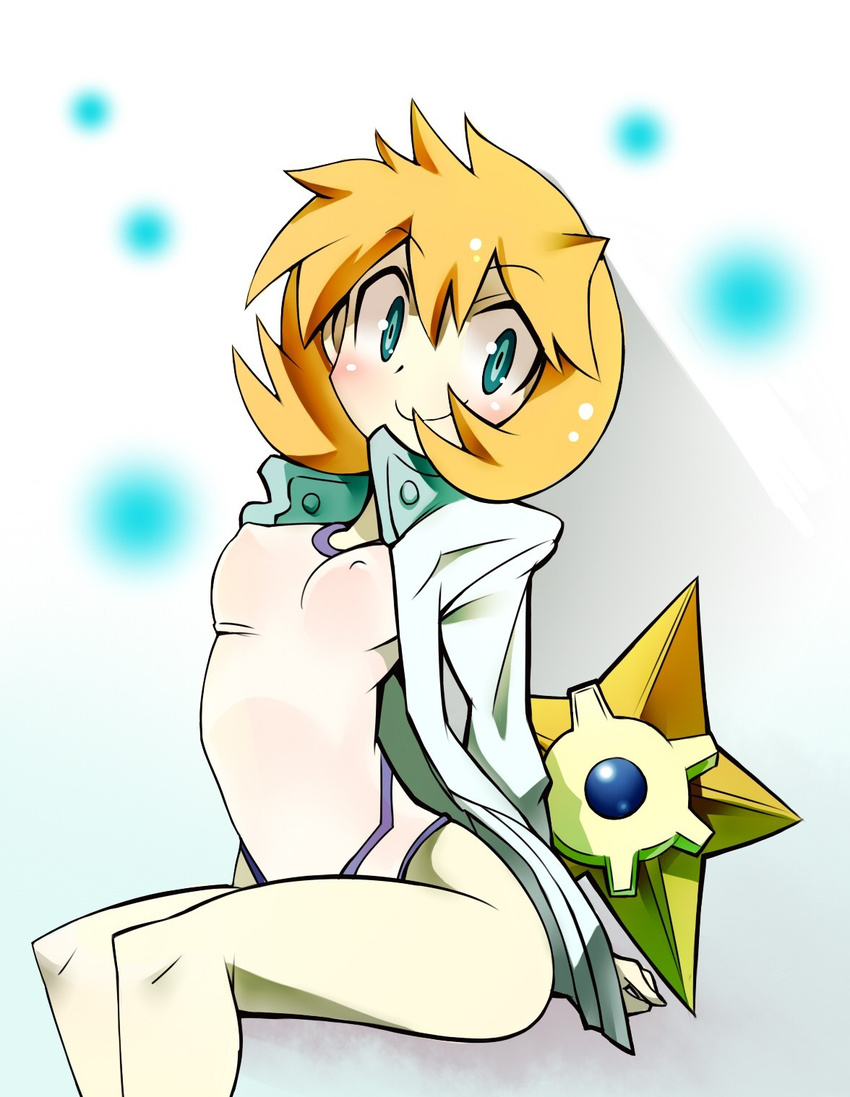 arched_back bad_id bad_pixiv_id breasts covered_nipples gen_1_pokemon givuchoko green_eyes gym_leader highres kasumi_(pokemon) one-piece_swimsuit orange_hair pokemon pokemon_(creature) pokemon_(game) pokemon_hgss short_hair small_breasts staryu swimsuit