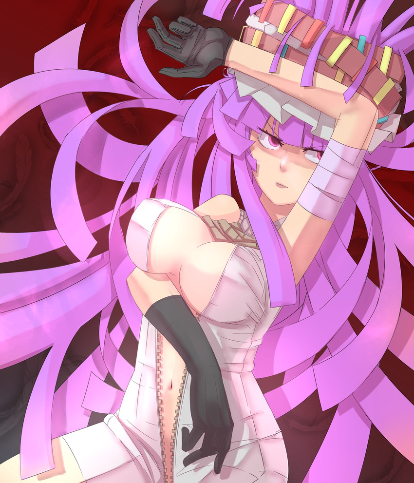 absurdres bad_id bad_pixiv_id breasts cleavage gloves hat highres large_breasts long_hair patchouli_knowledge purple_eyes purple_hair solo tebakan touhou unzipped