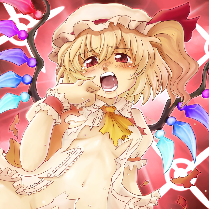 bad_id bad_pixiv_id blonde_hair blush fang flandre_scarlet hamoto hat highres navel open_mouth red_eyes saliva solo sweat tears torn_clothes touhou wings