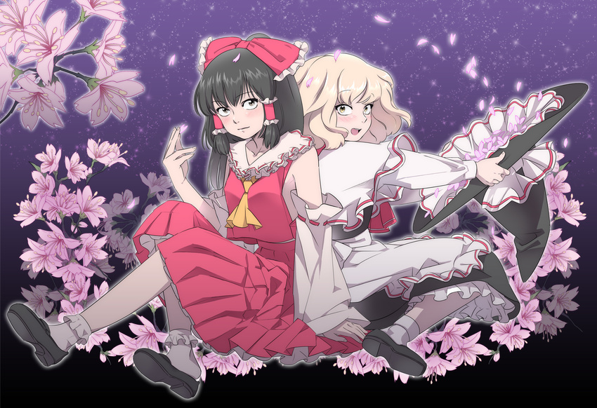 ascot back-to-back bad_id bad_pixiv_id blonde_hair bobby_socks bow brown_eyes brown_hair cherry_blossoms detached_sleeves eyelashes floral_background flower hair_bow hakurei_reimu hat hat_removed headwear_removed highres holding holding_hat kirisame_marisa multiple_girls ofuton_zeb petals short_hair sitting smile socks touhou witch_hat