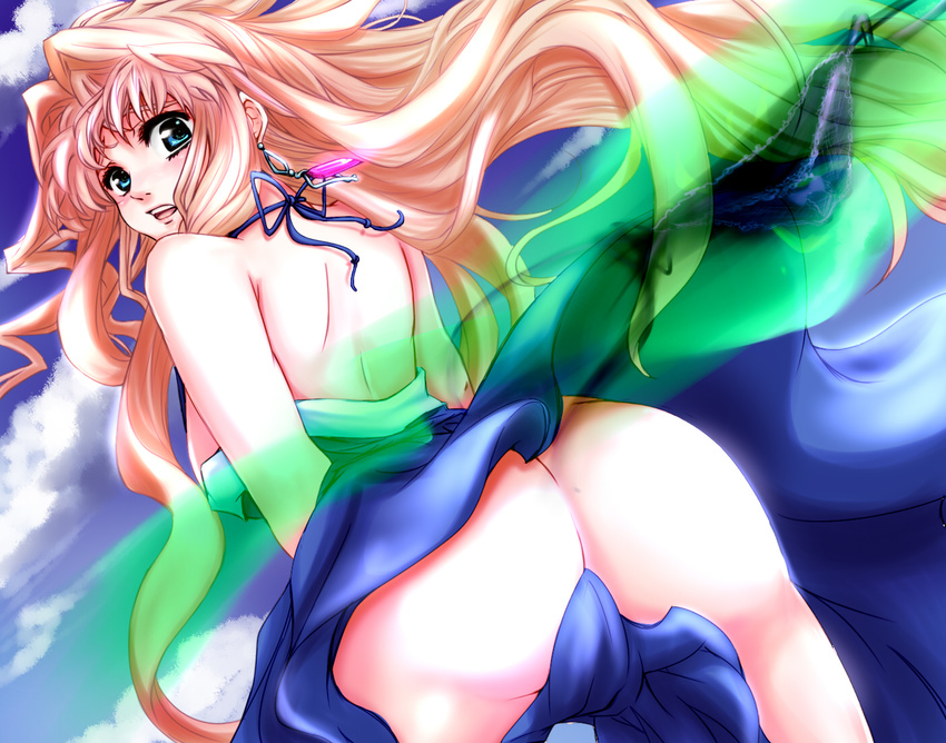 ass back blonde_hair blue_eyes bow dearmybrothers face long_hair looking_back macross macross_frontier no_panties sheryl_nome solo wind wind_lift