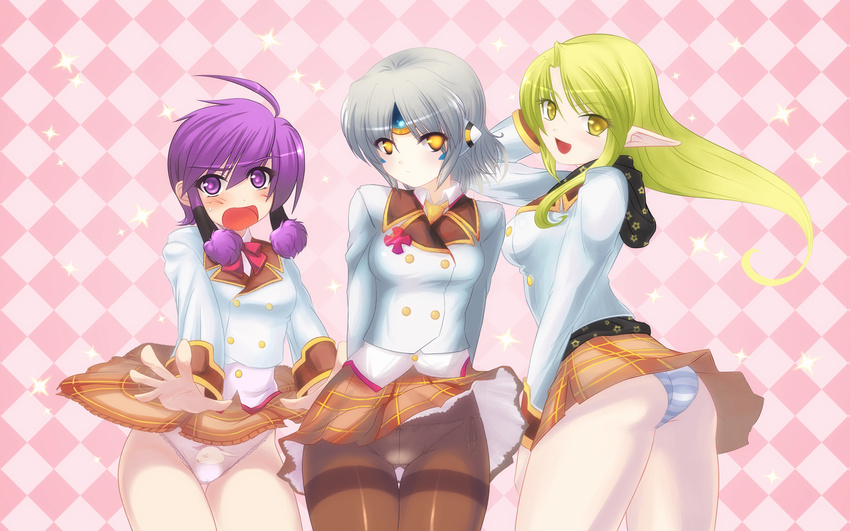 ahoge aisha_(elsword) another_code_(elsword) argyle argyle_background ass blonde_hair blush brown_legwear crotch_seam elf elsword embarrassed eve_(elsword) flat_ass front-print_panties highres long_hair magician_(elsword) multiple_girls open_mouth panties panties_under_pantyhose pantyhose pantyshot pinyshi pointy_ears print_panties purple_eyes purple_hair rena_(elsword) robot_ears school_uniform serafuku short_hair side-tie_panties silver_hair skirt smile striped striped_panties thigh_gap thighband_pantyhose twintails underwear wallpaper wind wind_lift yellow_eyes