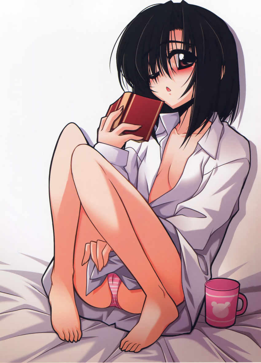 absurdres barefoot black_hair blush book breasts brown_eyes cleavage cup highres izumi_iko legs medium_breasts no_bra one_eye_closed oni_uta open_clothes open_mouth open_shirt panties shirt short_hair sitting solo striped striped_panties underwear
