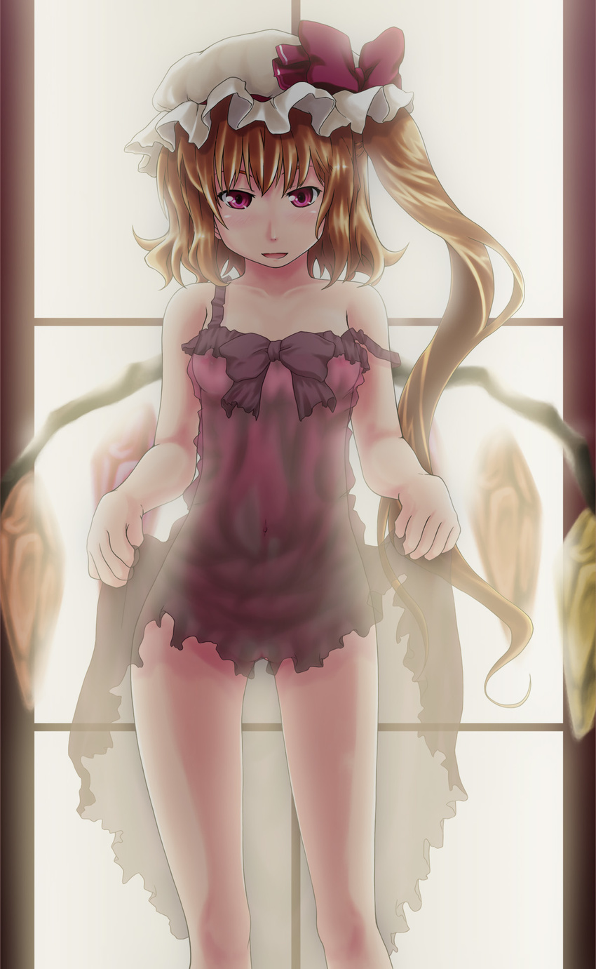 alto-00 bare_legs blonde_hair blush bow chemise crystal dress dress_lift dress_pull flandre_scarlet hat highres lingerie nightgown no_bra no_panties ponytail pussy red_eyes ribbon see-through side_ponytail solo strap_slip touhou underwear wings