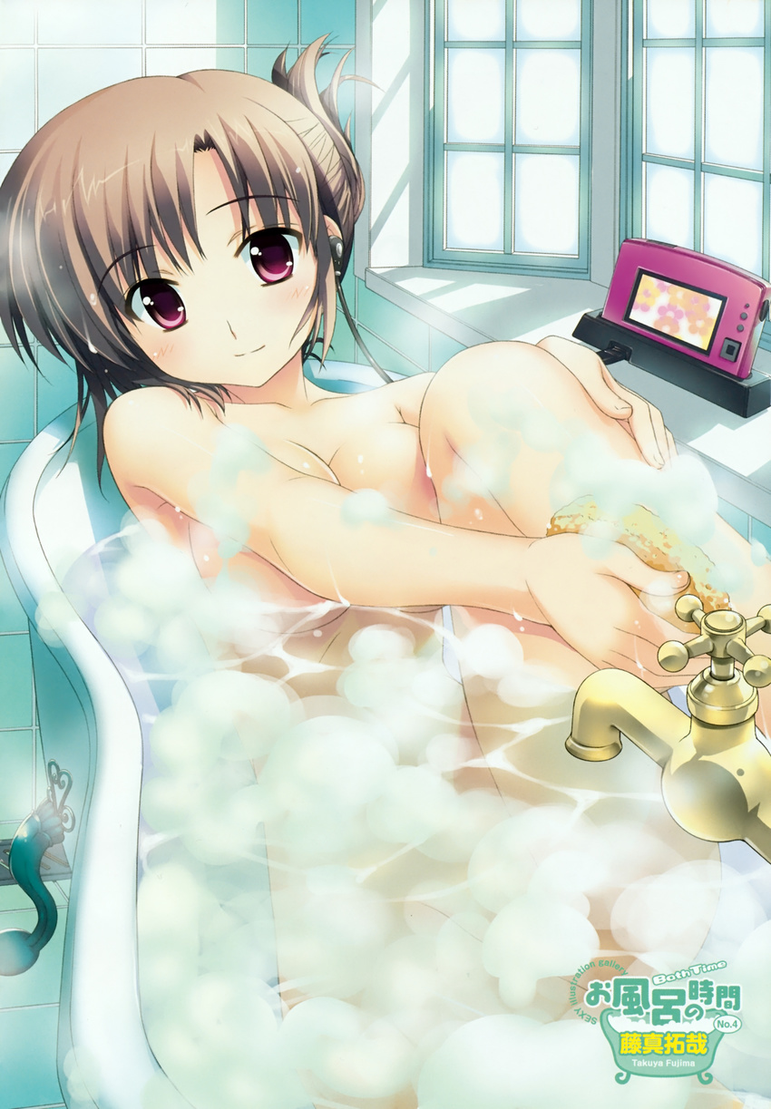 absurdres areolae bath breast_press breasts brown_hair copyright_request fujima_takuya highres medium_breasts non-web_source nude pink_eyes scan short_hair smile soap solo water