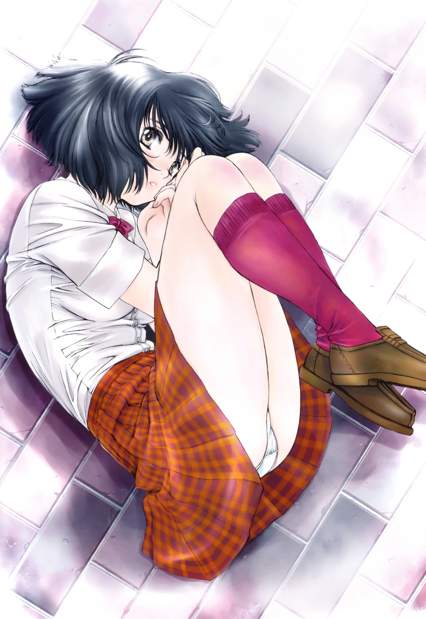 absurdres black_hair brown_footwear buttons dress_shirt feet_out_of_frame fetal_position from_above highres kneehighs kobayashi_hiyoko loafers lying non-web_source official_art oku-sama_wa_joshi_kousei on_side onohara_asami panties parted_lips plaid plaid_skirt plantar_flexion red_legwear red_neckwear shirt shoes short_hair short_sleeves skirt solo underwear white_panties white_shirt