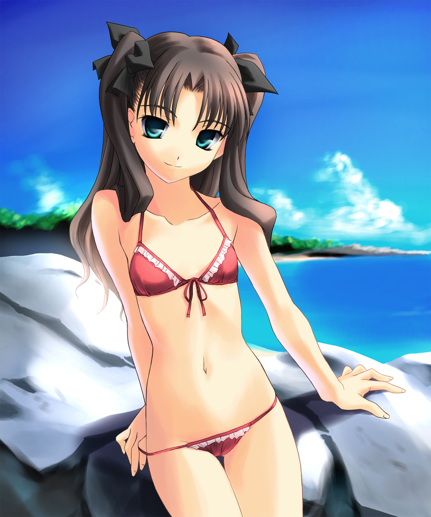 beach bikini black_hair blue_eyes day fate/stay_night fate_(series) flat_chest front-tie_top highres long_hair norizou_type-r smile solo swimsuit toosaka_rin two_side_up