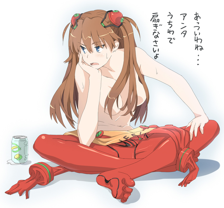 blue_eyes blush breasts brown_hair can censored chin_rest convenient_censoring feet hair_censor hair_over_breasts indian_style long_hair matsuike medium_breasts navel neon_genesis_evangelion open_mouth plugsuit rebuild_of_evangelion shikinami_asuka_langley sitting skin_tight solo souryuu_asuka_langley sweatdrop test_plugsuit toes topless translated