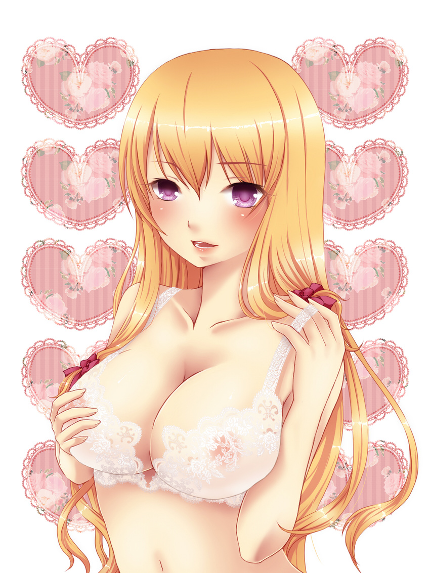 areolae bad_id bad_pixiv_id blonde_hair blush bow bra breasts cleavage geike hair_bow highres lace lace-trimmed_bra large_breasts lingerie long_hair purple_eyes solo touhou underwear white_bra yakumo_yukari