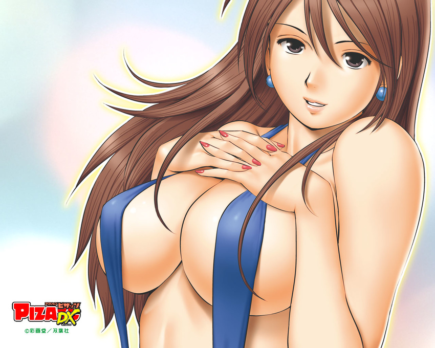 action_pizazz bare_shoulders bikini blue_bikini breast_suppress breasts brown_eyes brown_hair cleavage earrings hands_on_own_chest jewelry large_breasts lips long_hair looking_at_viewer nail_polish naughty_face red_nails saigadou slingshot_swimsuit swimsuit wallpaper