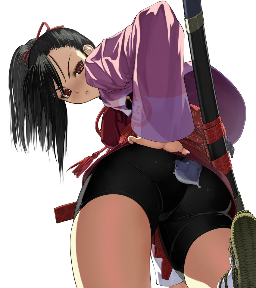 :&lt; ass bad_id bad_pixiv_id bike_shorts black_hair foreshortening from_below frown highres looking_back mouse nakabayashi_reimei pantylines ponytail red_eyes samurai_spirits sheath solo yoshino_rinka