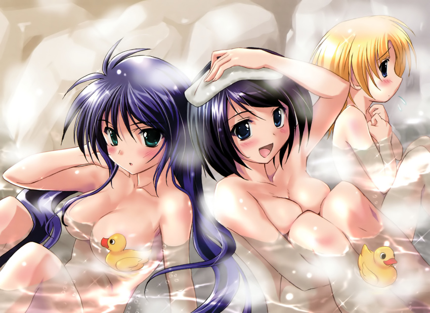 :d :o absurdres adjusting_hair antenna_hair aoi_umi_no_tristia aqua_eyes arm_up armpits bangs bathing black_hair blonde_hair blue_eyes blue_hair blush breasts cleavage convenient_censoring covering covering_breasts embarrassed fawly_(aoi_umi_no_tristia) fingernails hair_between_eyes hair_censor hair_over_breasts hand_on_head highres knees_to_chest komatsu_eiji large_breasts leg_hug long_fingernails long_hair multiple_girls nene_hampdon nude official_art onsen open_mouth panavia_tornado partially_submerged rubber_duck scan short_hair sitting smile sparkle steam sweatdrop swept_bangs towel towel_on_head twintails very_long_hair water