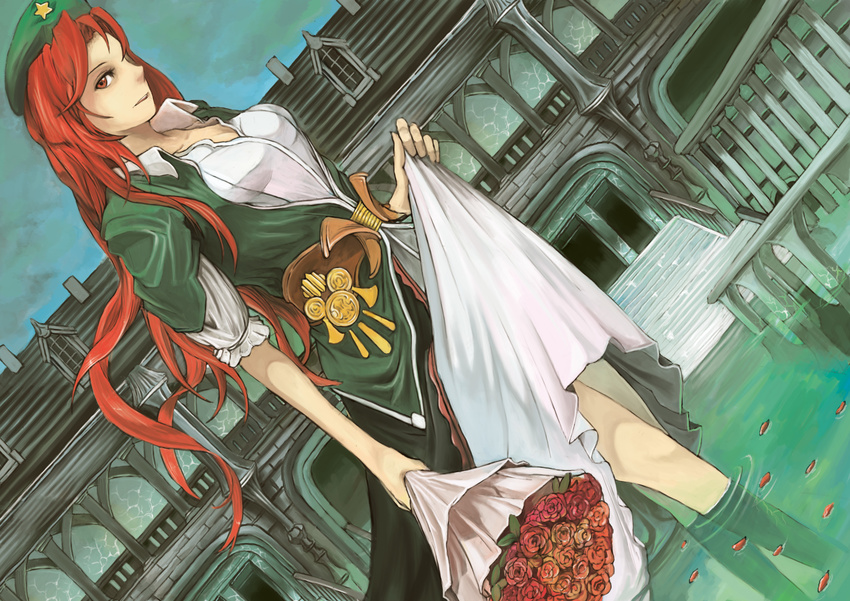absurdres braid chinese_clothes dutch_angle flower gozz hat highres hong_meiling long_hair orange_flower orange_rose red_eyes red_flower red_hair red_rose rose solo touhou water yellow_flower yellow_rose