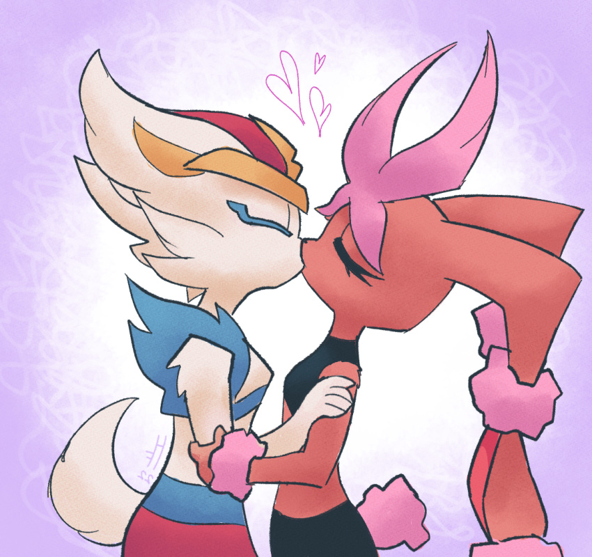 2022 anthro anthro_on_anthro biped brown_body brown_fur cinderace clothed clothing crop_top digital_drawing_(artwork) digital_media_(artwork) embrace eyes_closed female fur generation_8_pokemon horizon-fucker kiss_on_lips kissing lagomorph long_ears male male/female mammal mega_evolution mega_lopunny midriff nintendo pink_tail pokemon pokemon_(species) shiny_pokemon shirt signature tan_body tan_fur topwear video_games white_tail