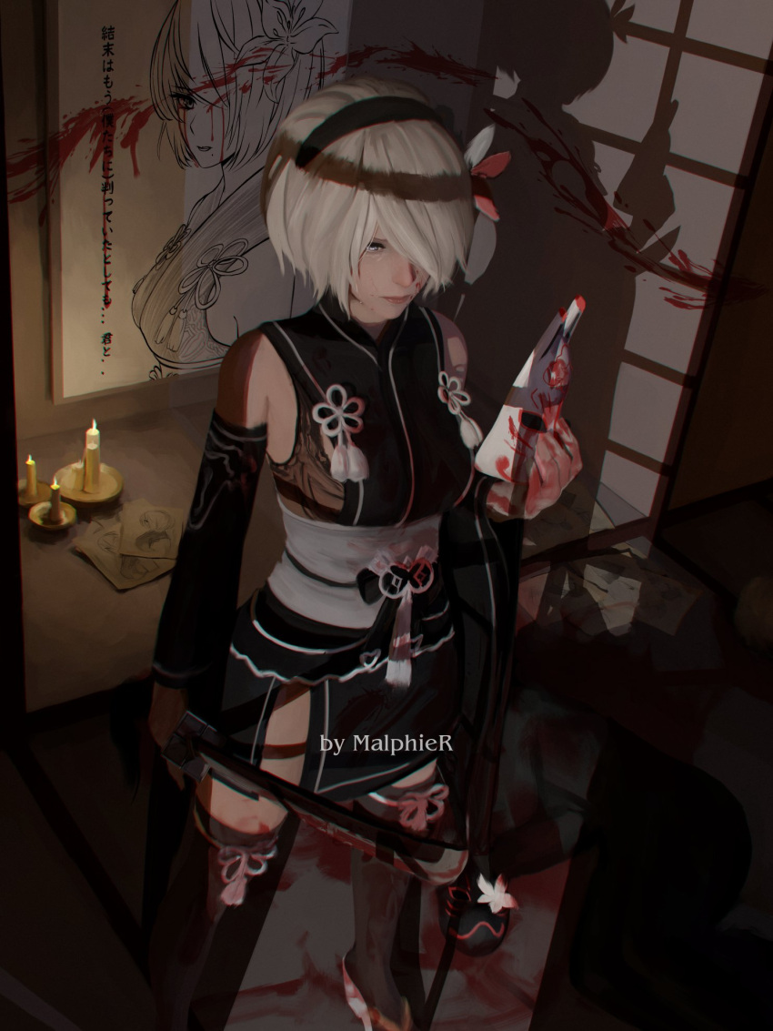 1boy 1girl artist_name black_hairband black_thighhighs blood blood_on_clothes blood_on_face blood_on_hands blood_on_weapon blood_splatter candle commentary corpse death detached_sleeves english_commentary fox_mask hair_over_one_eye hairband highres holding holding_mask holding_weapon lunar_tear malphier mask nier_(series) nier_automata obi sash short_hair solo_focus thighhighs weapon white_hair yorha_no._2_type_b yorha_no._9_type_s
