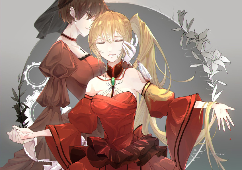 2girls akita_neru banica_conchita banica_conchita_(cosplay) bare_shoulders black_choker black_veil blonde_hair blood breasts brooch brown_eyes brown_hair choker cleavage closed_eyes collarbone cosplay cross cross_choker cup detached_sleeves dress evil_smile evillious_nendaiki flower frilled_dress frills gears glass_of_conchita hair_between_eyes half-closed_eyes hand_on_another's_face highres holding holding_cup jewelry long_hair looking_at_another meiko_(vocaloid) multiple_girls narrow_waist ney_phutapie parted_lips playing_with_another's_hair possessed red_choker red_dress shinon_no_tokeitou_(vocaloid) short_hair side_ponytail smile strapless strapless_dress tomari_drew veil very_long_hair vessel_of_sin vocaloid white_flower wide_sleeves