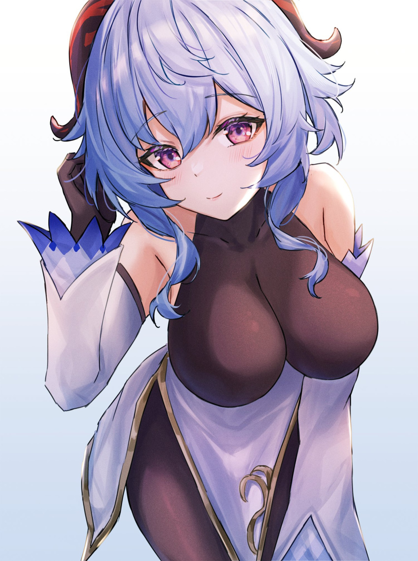 1girl atychi bangs black_pantyhose blue_background blue_hair blush breasts cleavage covered_nipples detached_sleeves ganyu_(genshin_impact) genshin_impact goat_horns hair_between_eyes hand_on_own_head highres horns large_breasts leaning_forward looking_at_viewer pantyhose purple_eyes red_horns simple_background smile wide_hips